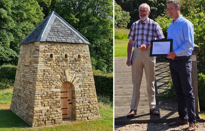 Completed dry stone doocot, or dovecot, at Teasses Estate in Fife, designed and built by sculptor James Parker.