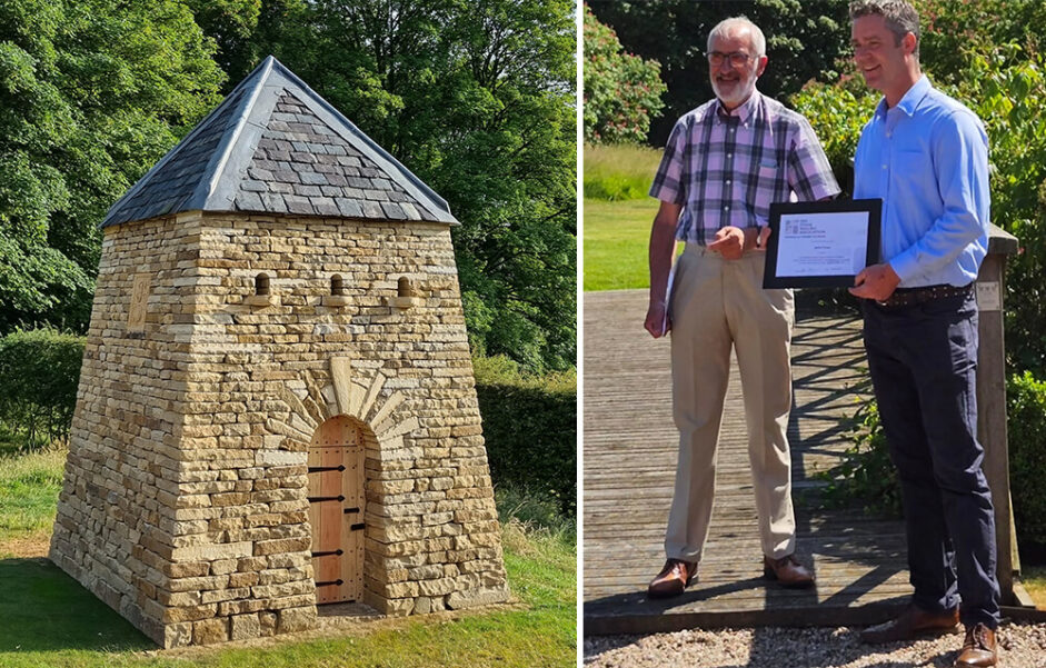 Completed dry stone doocot, or dovecot, at Teasses Estate in Fife, designed and built by sculptor James Parker.
