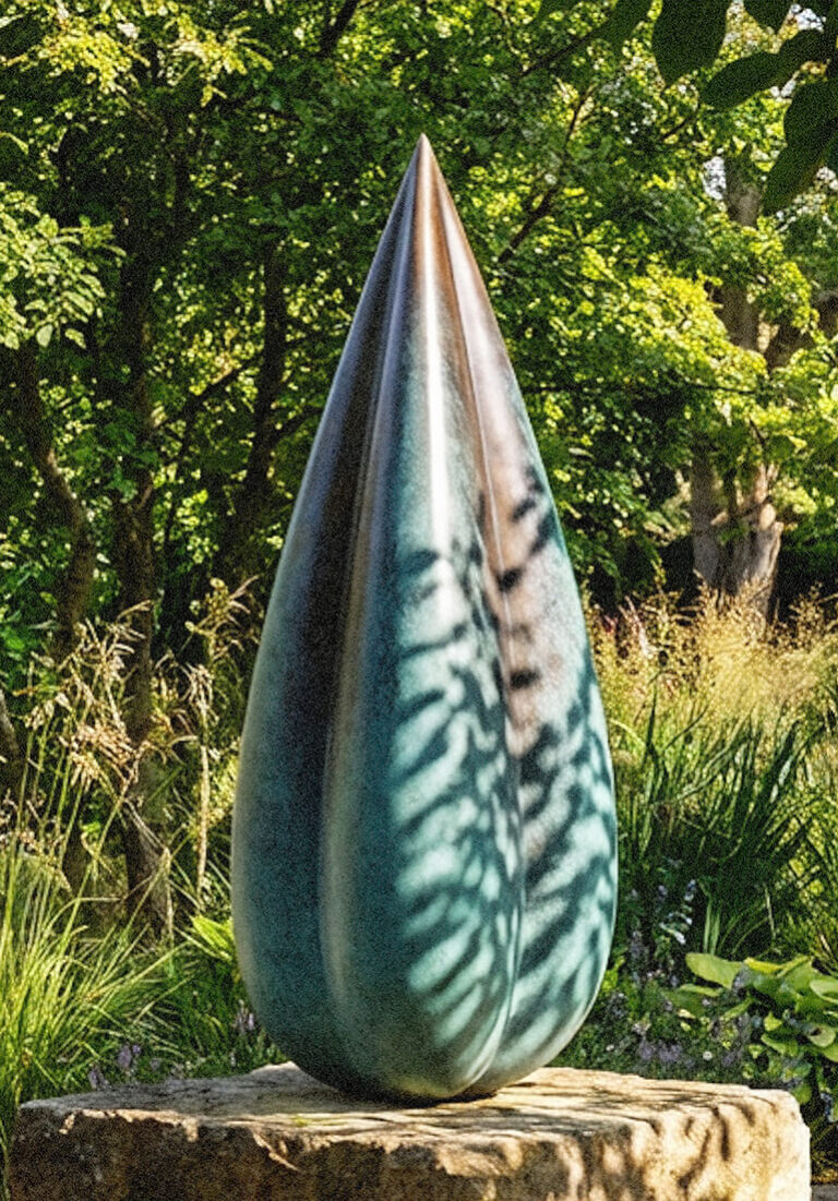Limited edition bronze sculpture 'Bud' by James Parker positioned on a rock within a landscaped garden setting.