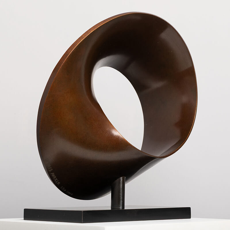 Rear view of limited edition bronze Continuum sculpture by James Parker showing cyclical balance