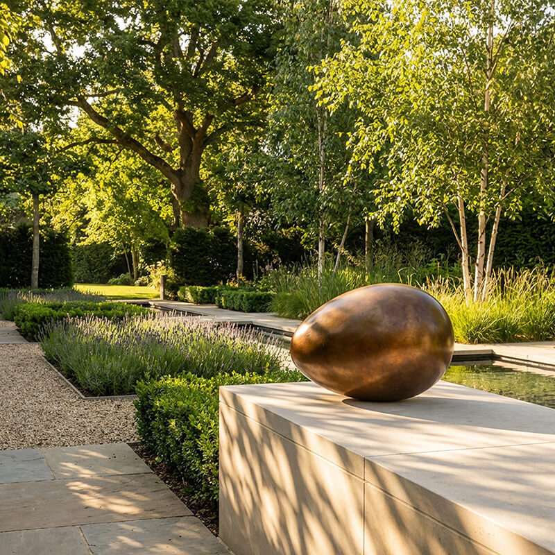 Bronze Creation egg sculpture by James Parker displayed on a stone plinth in a garden setting