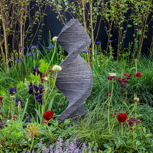 Garrochar Twist stacked slate spiral sculpture by James Parker displayed at the RHS Chelsea Flower Show.