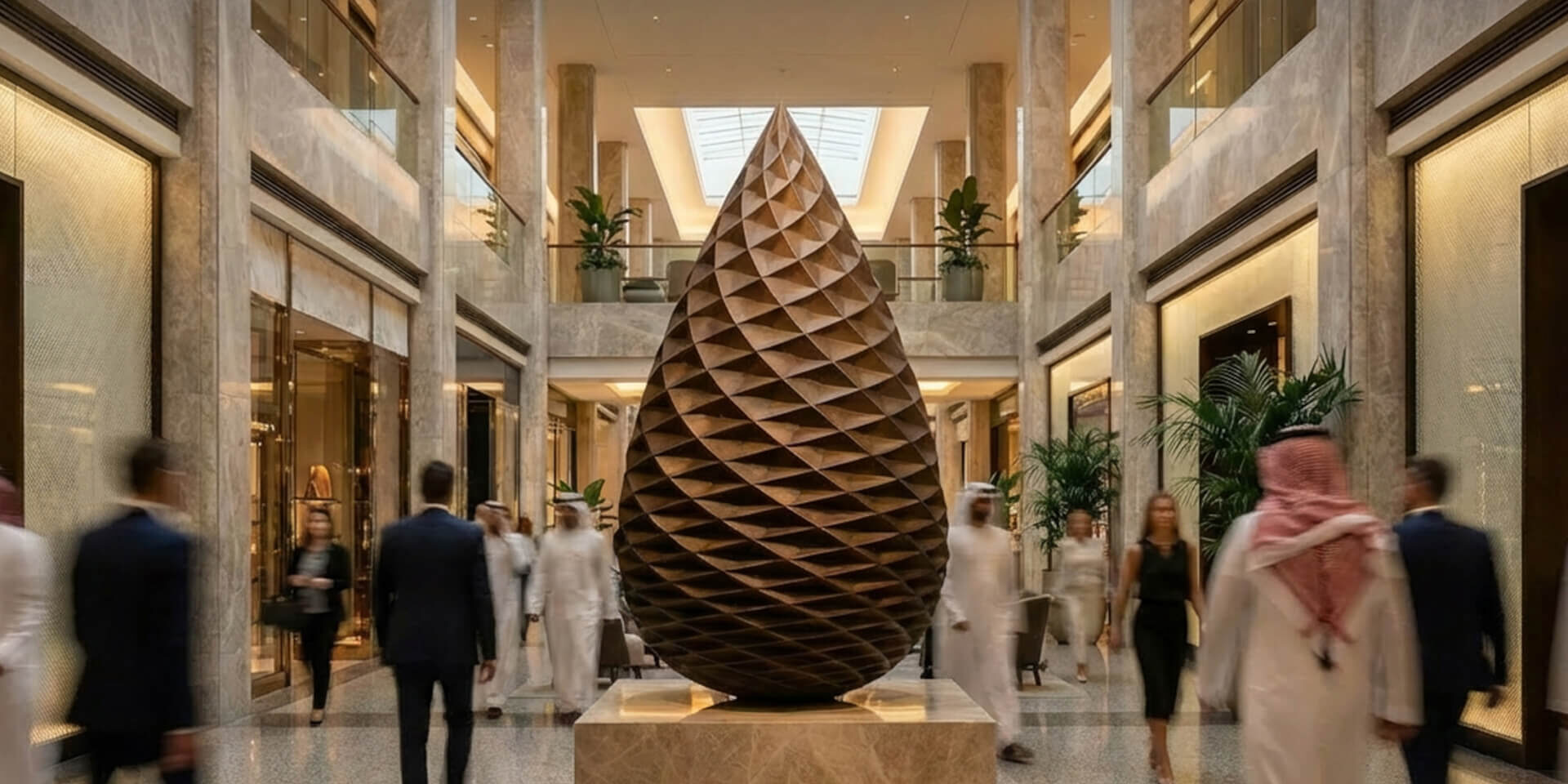 Architectural visualisation of a 2.9 metre monumental bronze pine cone sculpture by James Parker within a luxury commercial setting in the Middle East.
