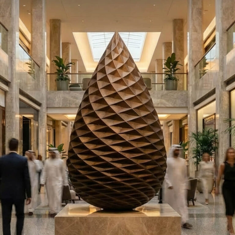 Architectural visualisation of a 2.9 metre monumental bronze pine cone sculpture by James Parker within a luxury commercial setting in the Middle East.