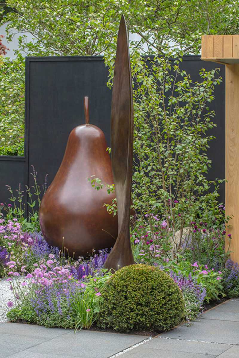 Large scale limited edition bronze pear and sycamore seed sculptures exhibited on Main Avenue at RHS Chelsea Flower Show.