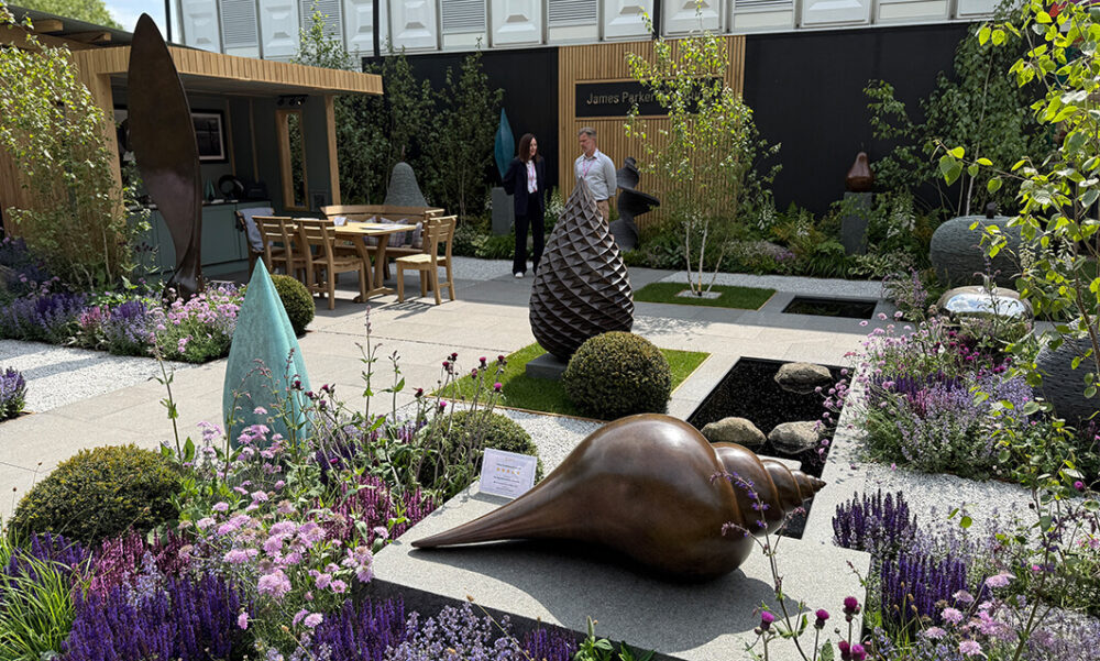 James Parker Sculpture Main Avenue stand at RHS Chelsea 2025, bronze Pine Cone and stainless steel forms set within a designed planting scheme