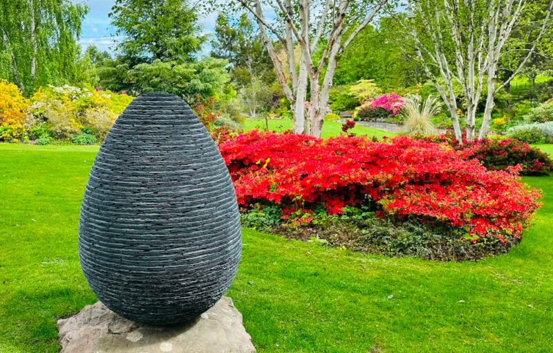 Creation stacked slate sculpture at Oldtown of Leys Garden, Inverness