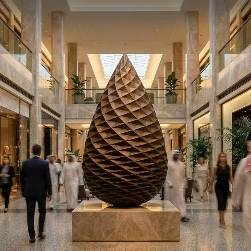 Architectural visualisation of a 2.9 metre monumental bronze pine cone sculpture by James Parker within a luxury commercial setting in the Middle East.